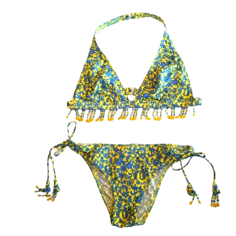 California Waves Yellow and Blue Beaded Bikini